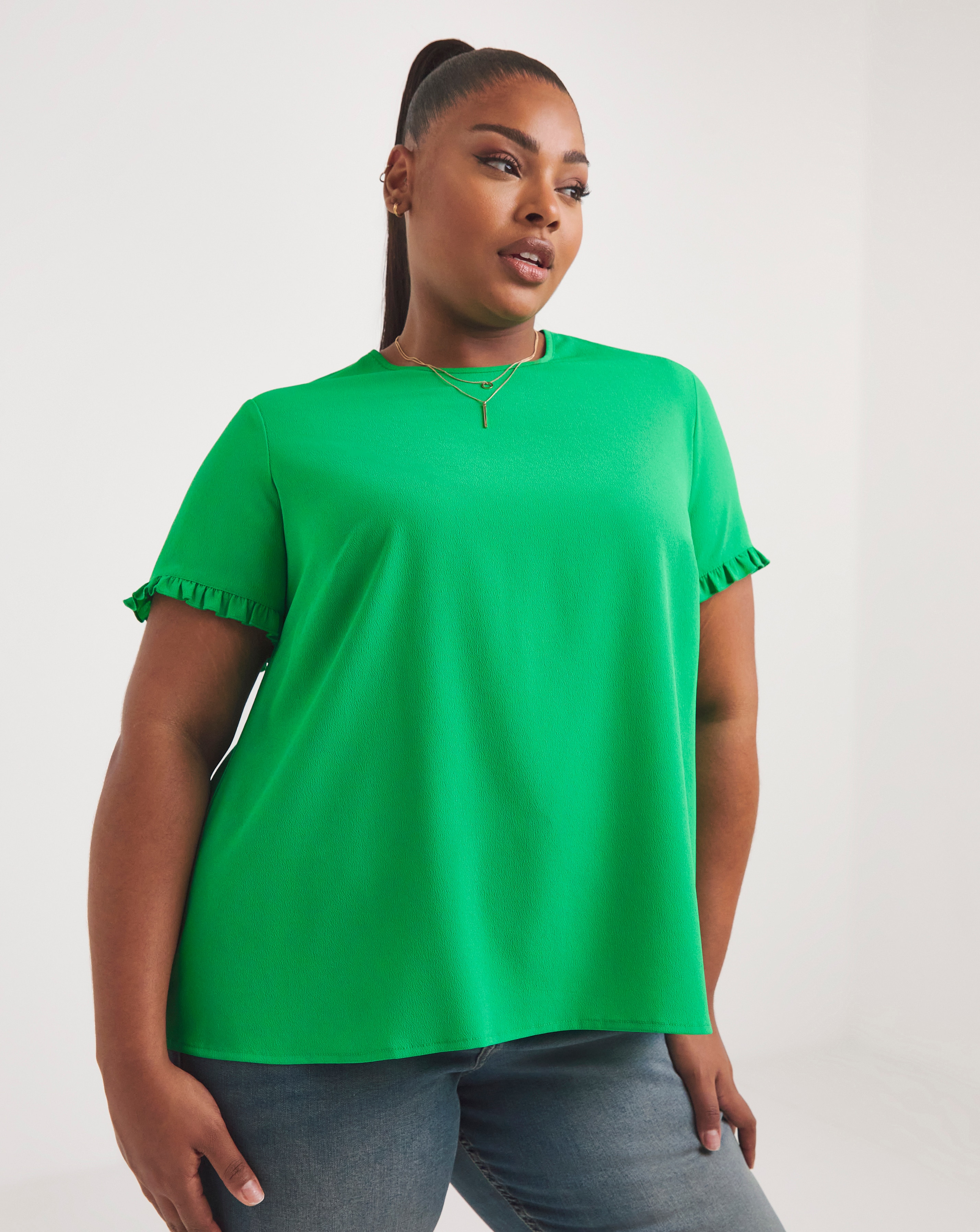 Dip Back Boxy Blouse With Frill Sleeve