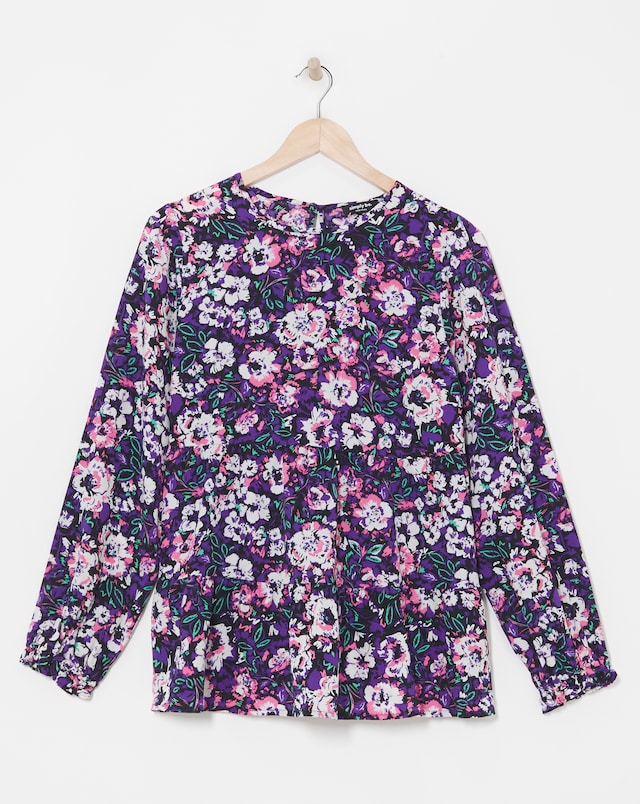 Black Floral Print Longline Long Sleeve Smock Blouse With Matching Scrunchie