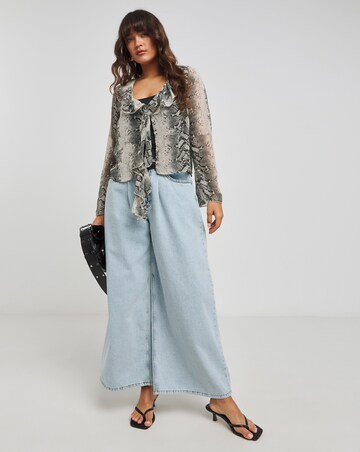 Snake Print Sheer Knot Front Ruffle Blouse