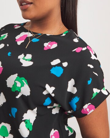 Black Animal Print Dip Back Boxy Top With Roll Sleeve