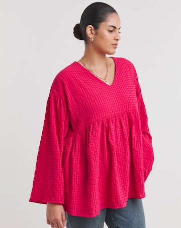 Pink Textured V Neck Smock Blouse