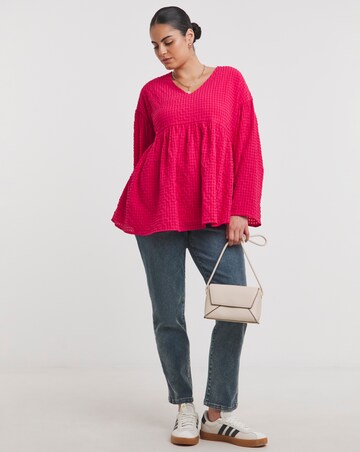 Pink Textured V Neck Smock Blouse