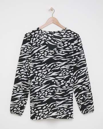 Mono Print Long Sleeve V Neck Boxy Blouse