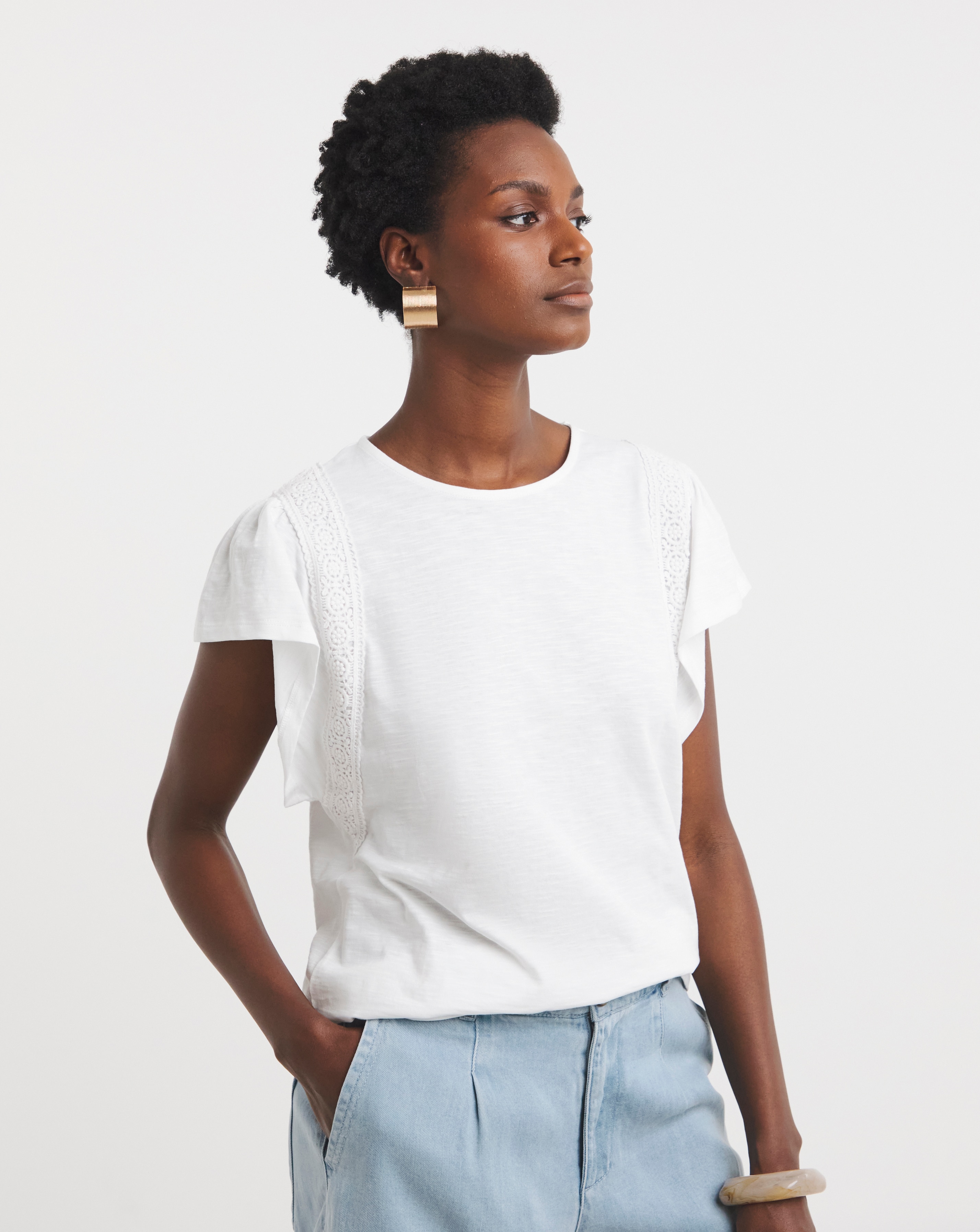 Broderie Trim Frill Sleeve Top
