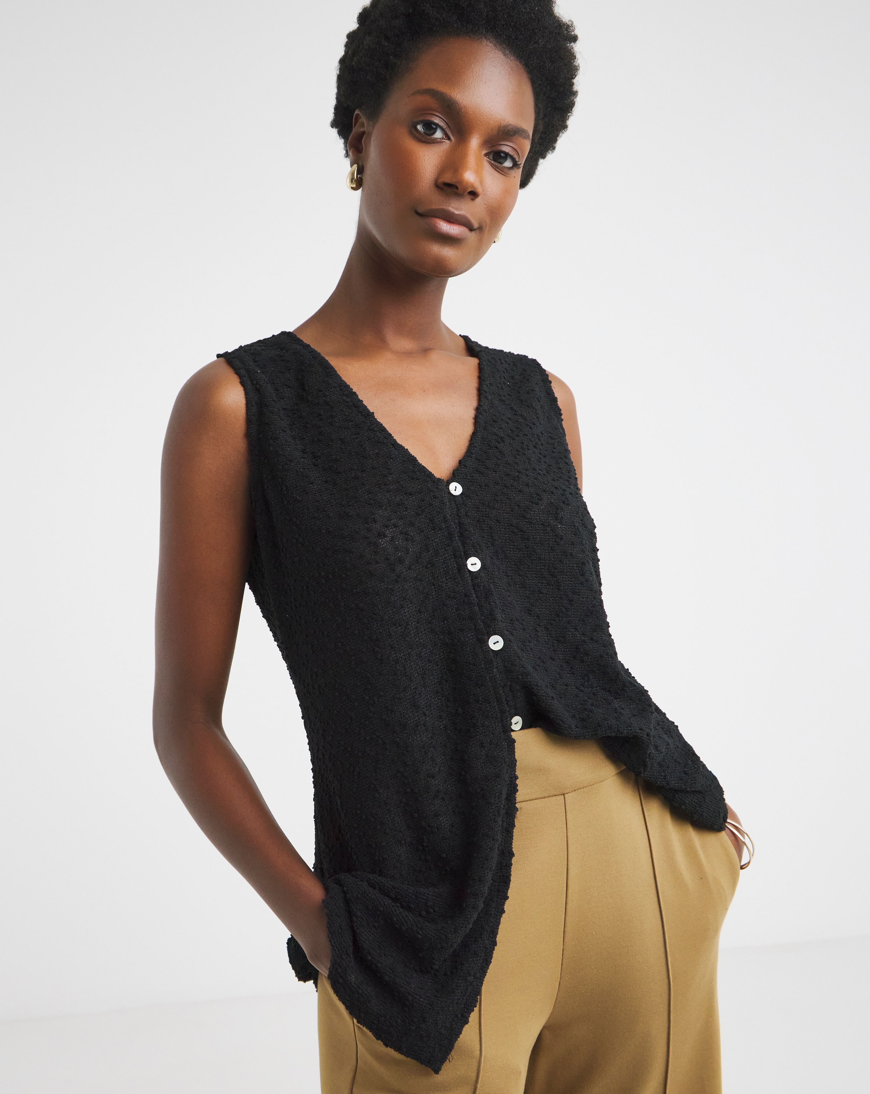 Sleeveless Button Through Boucle Top