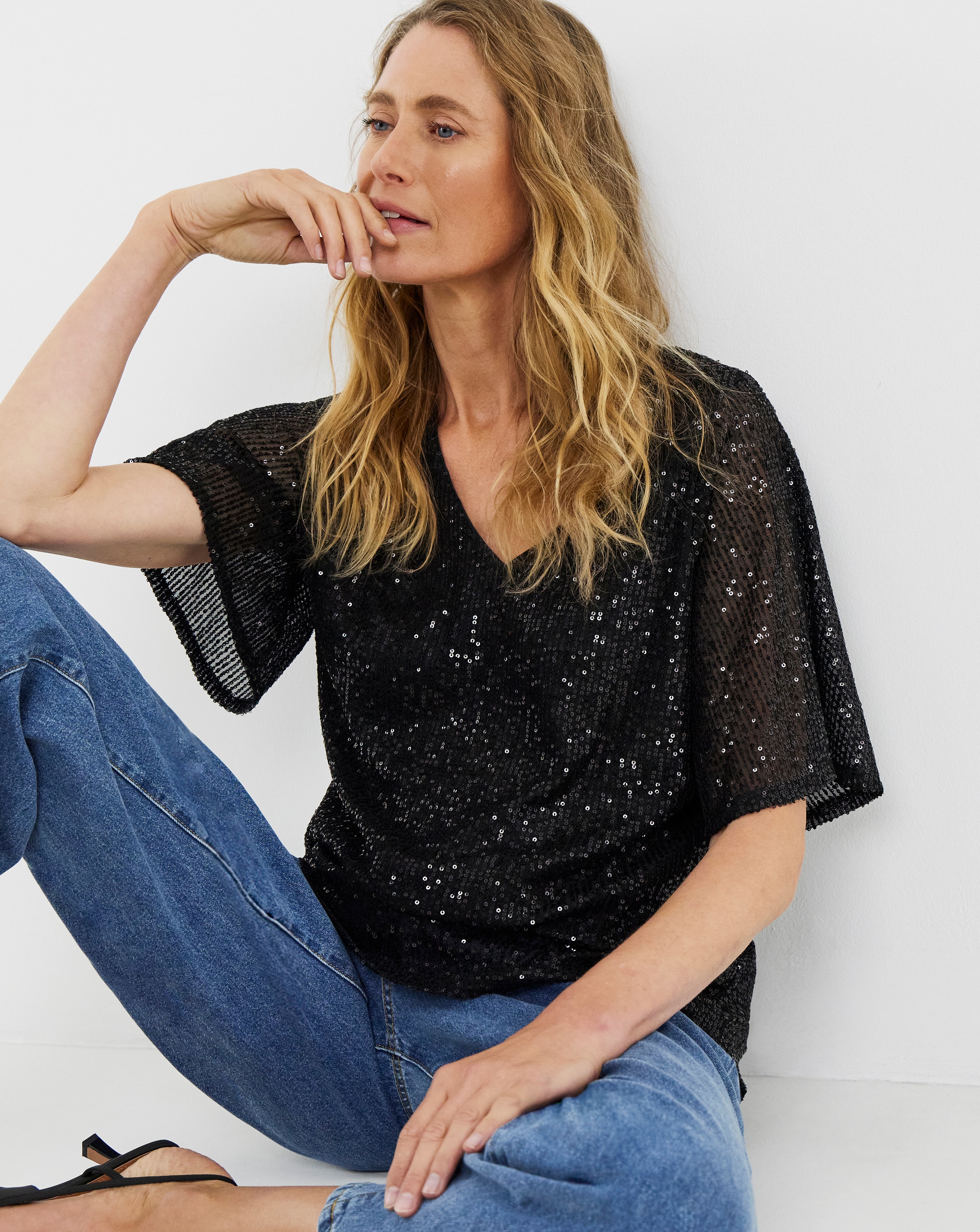 Sequin V-Neck Angel Sleeve Top