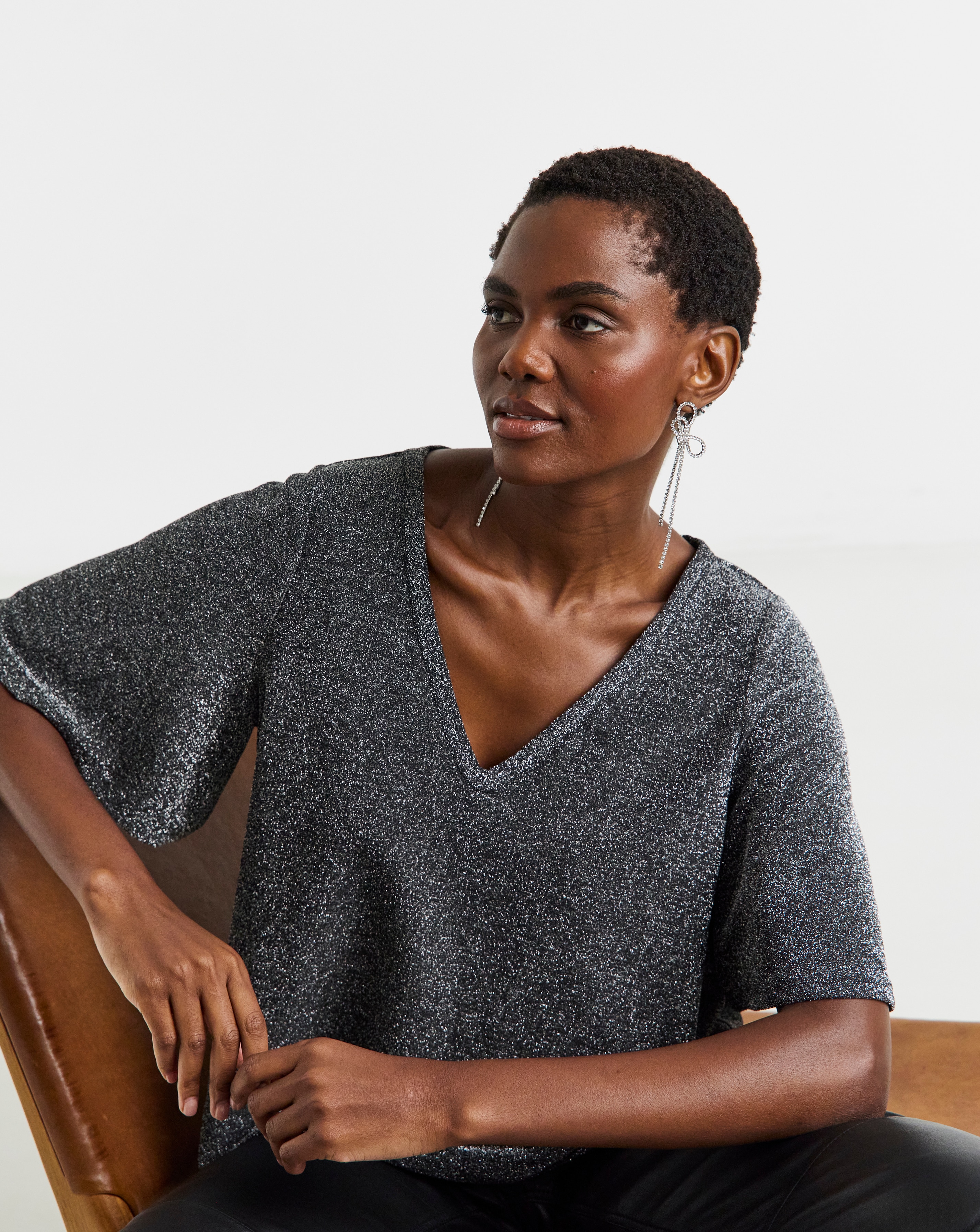 Glitter Knit V Neck Angel Sleeve Top