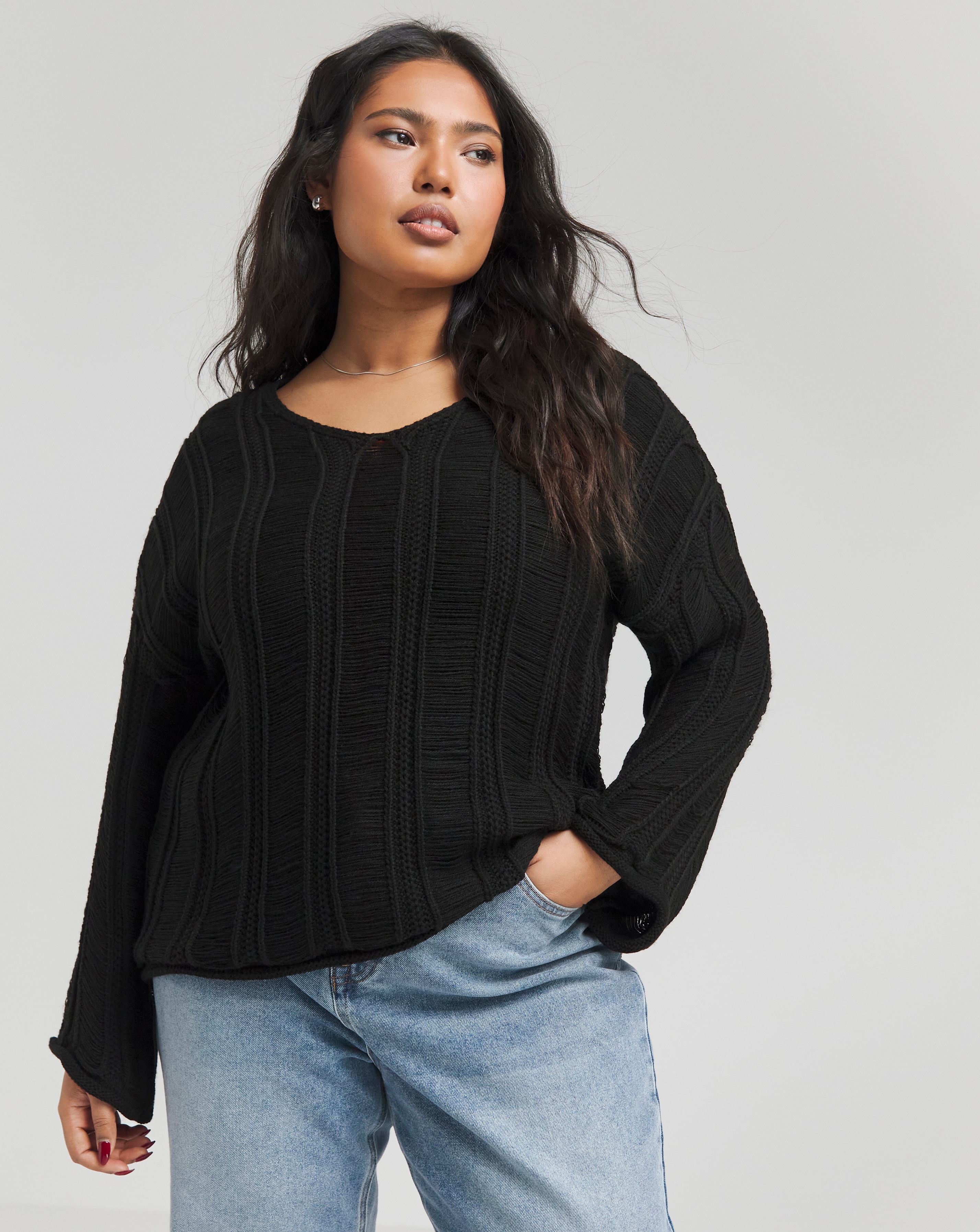 Black V Neck Ladder Detail Jumper