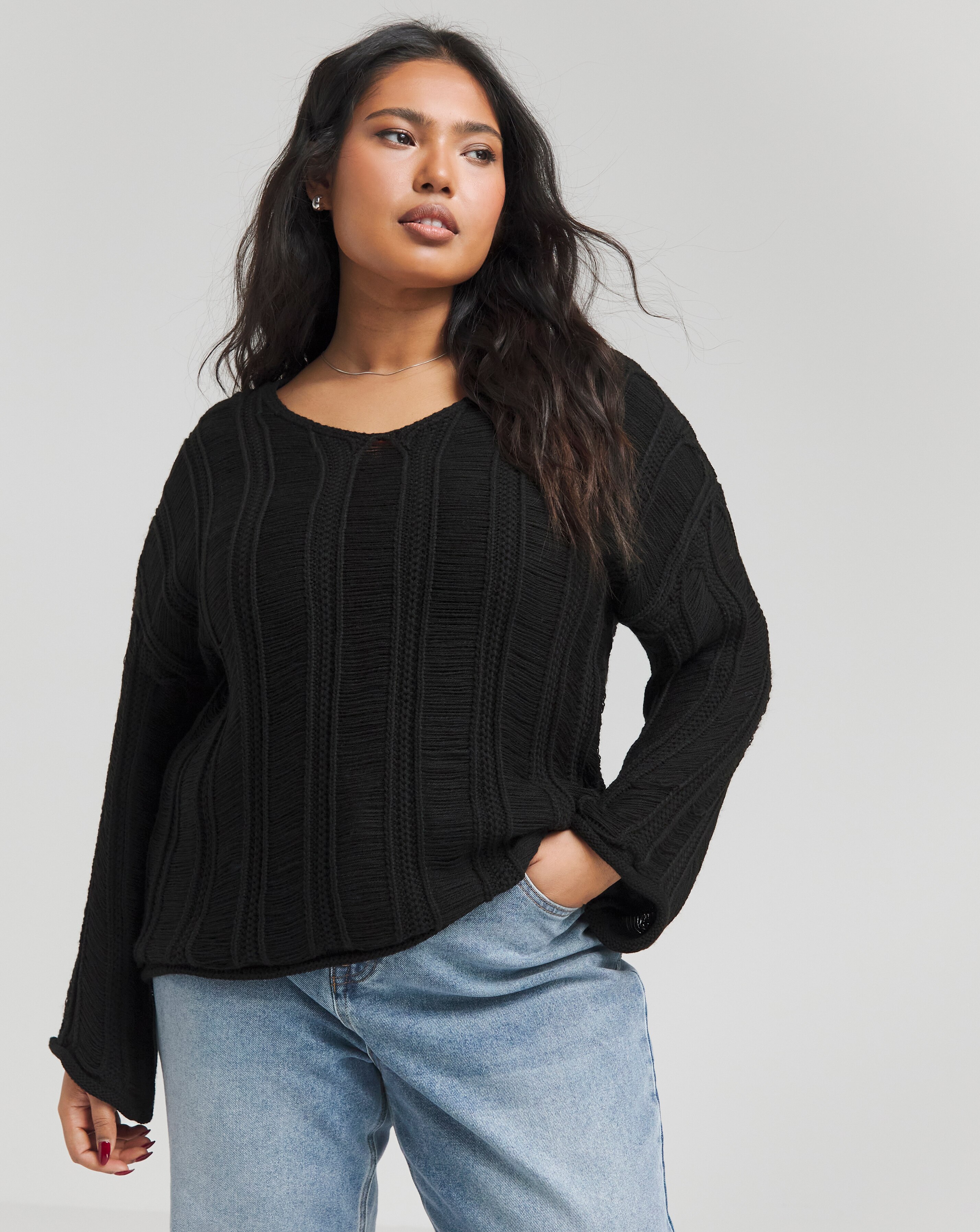 Black Ladder Detail V Neck Jumper