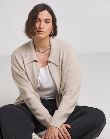 Oatmeal Collar Zip Through Cardigan