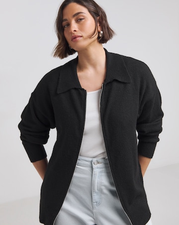 Black Collar Zip Through Cardigan