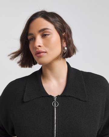 Black Collar Zip Through Cardigan