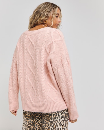 Pink V Neck Cable Knit Jumper