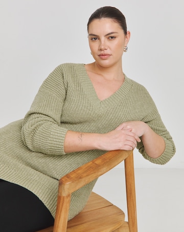 Simply Be Sage Boucle V Neck Longline Jumper