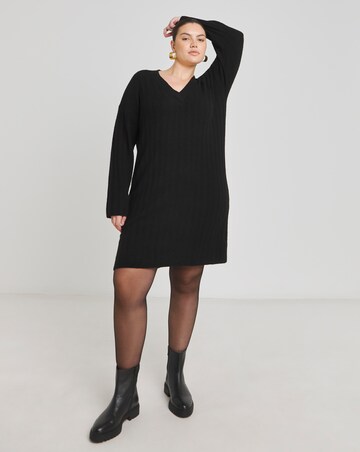 Simply Be Black Rib Flute Sleeve V Neck Mini Dress