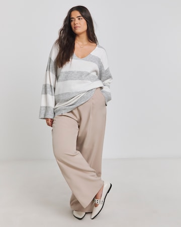 Grey & Ivory Stripe Slouchy V Neck Longline Jumper
