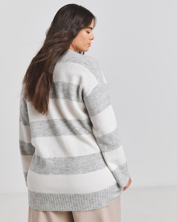 Grey & Ivory Stripe Slouchy V Neck Longline Jumper