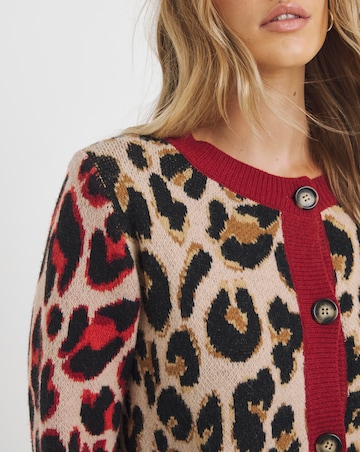 Simply Be Neutral & Red Leopard Jacquard Cardigan