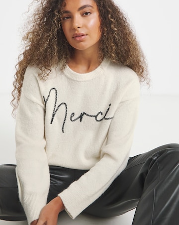 Simply Be Cream Merci Slogan Embroidered Knitted Jumper