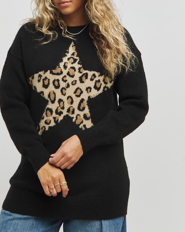 Simply Be Black Leopard Star Longline Jumper
