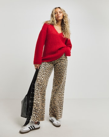 Red V Neck Mixed Knit Volume Sleeve Jumper