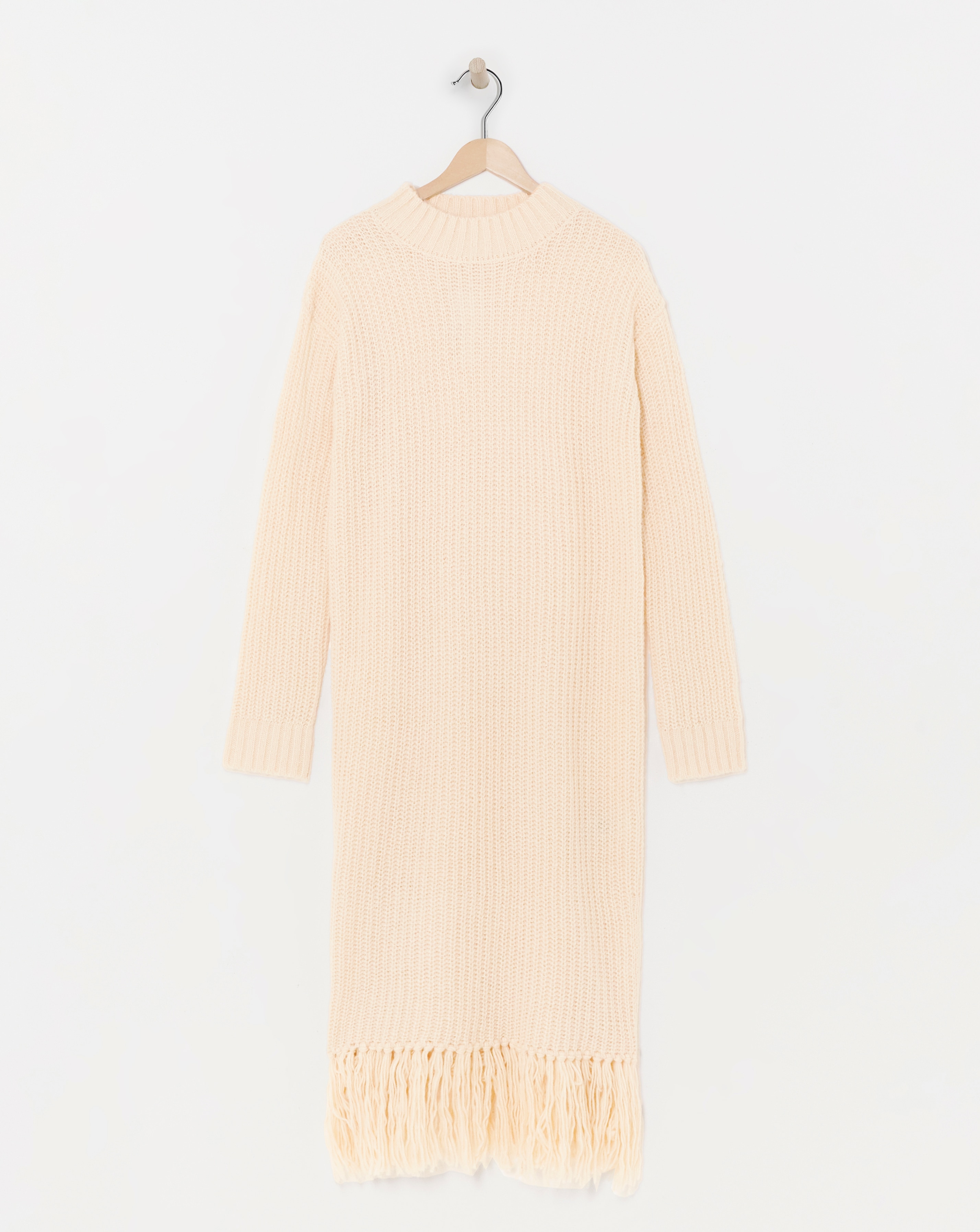Cream Fringe Knitted Midi Dress