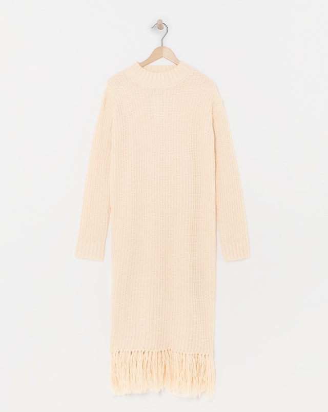 Cream Fringe Knitted Midi Dress