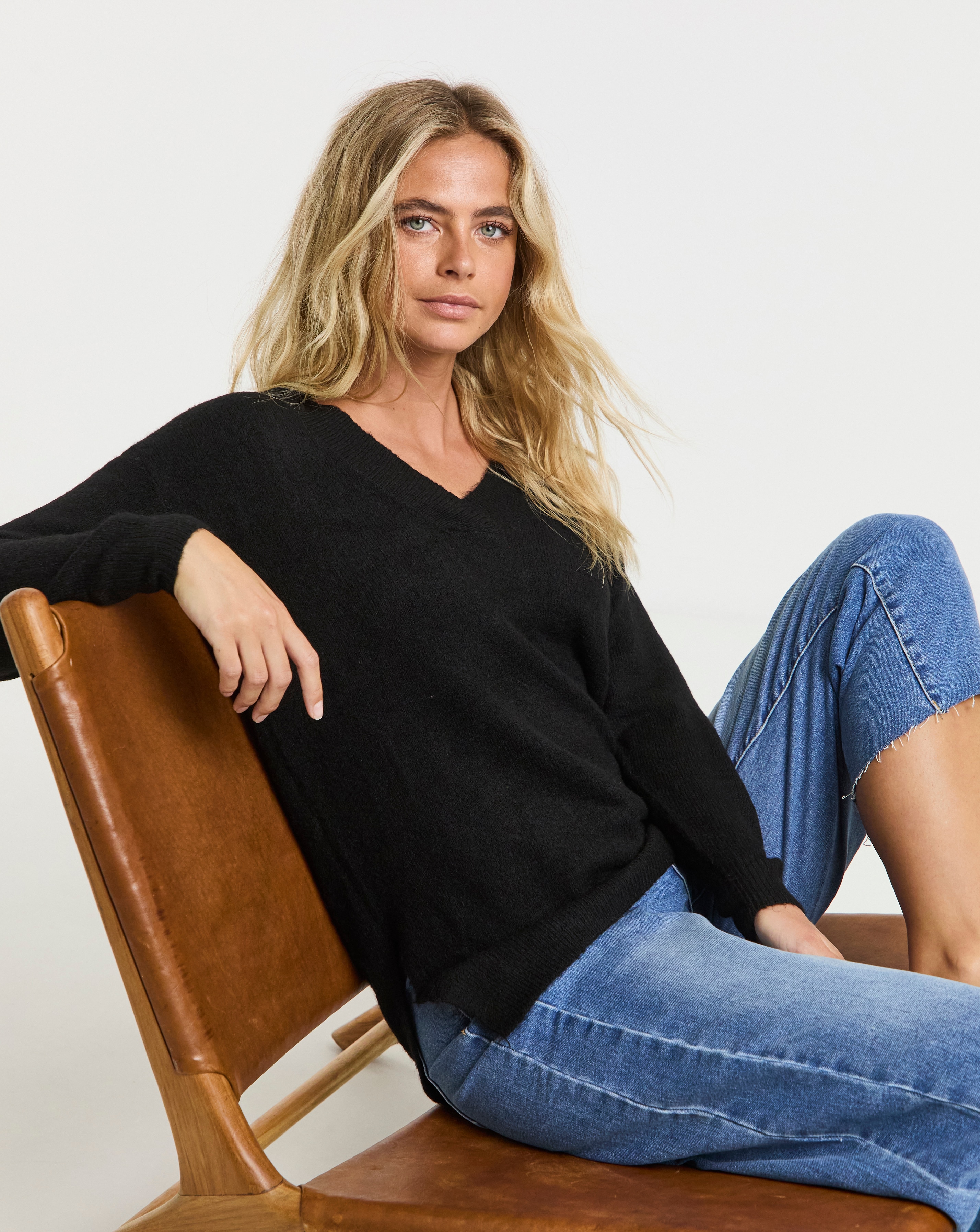 Black Cosy V Neck Longline Jumper