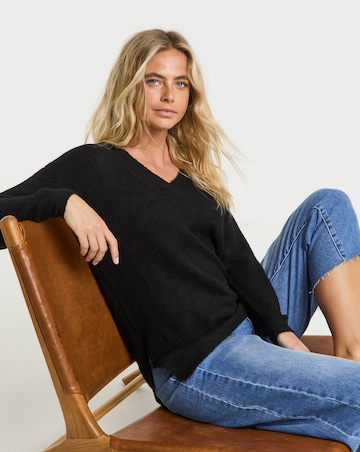 Black Cosy V Neck Longline Jumper