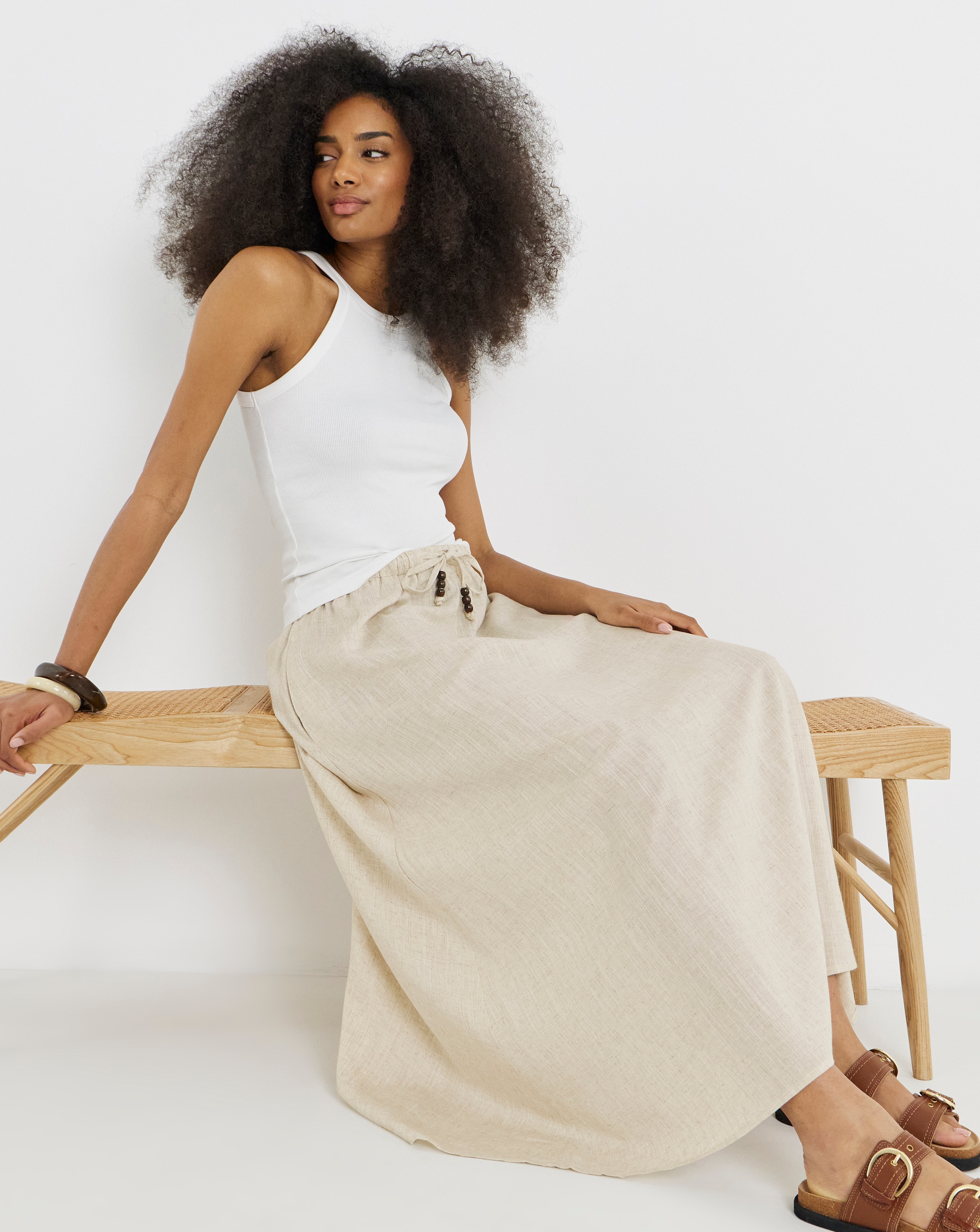 Tie Waist Bead Linen Mix Midaxi Skirt