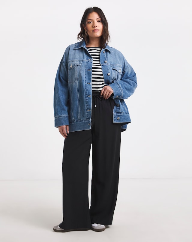 Tie Waist Twill Wide Leg Trousers