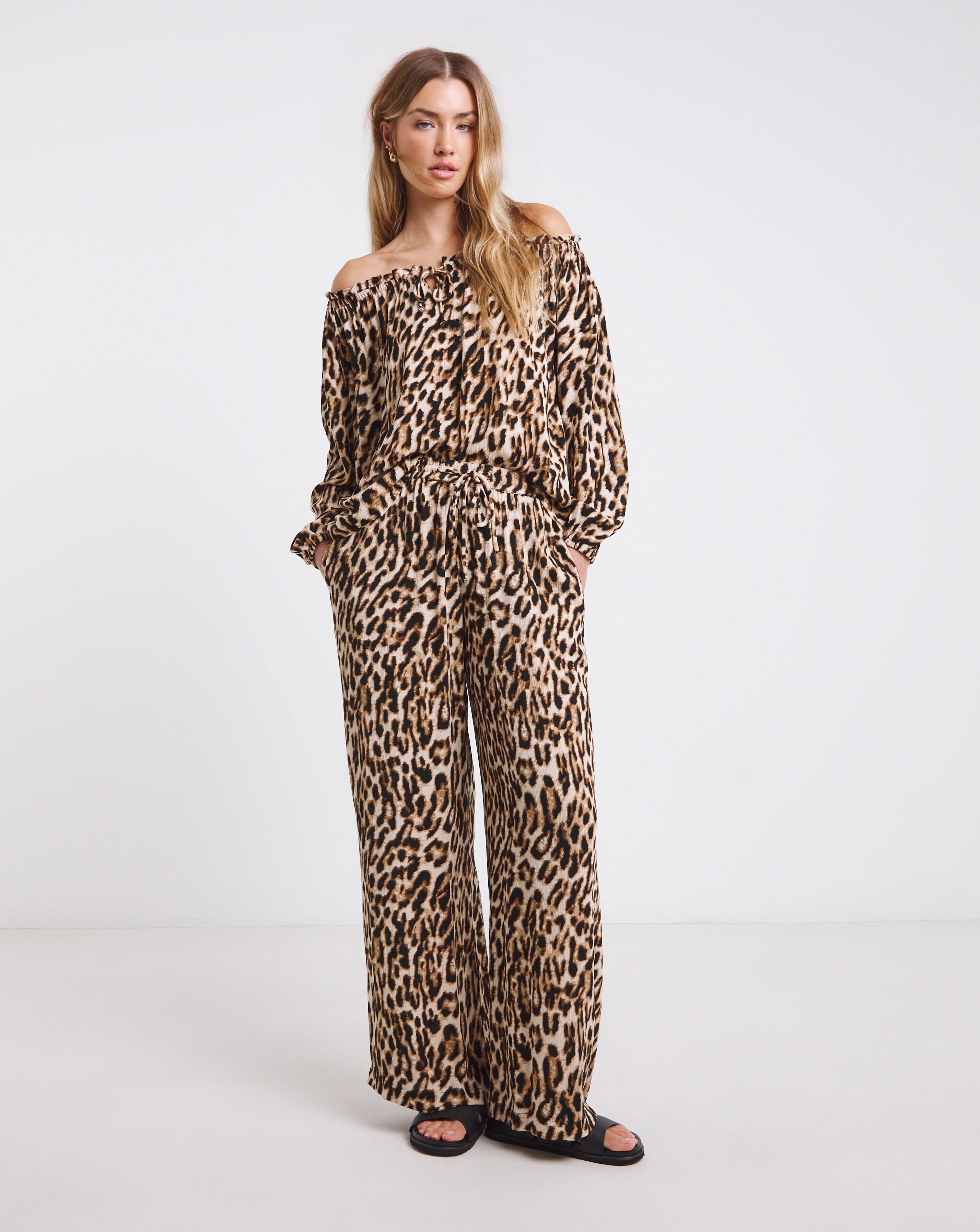 Simply Be Leopard Tie Waist Crinkle Wide Leg Trouser