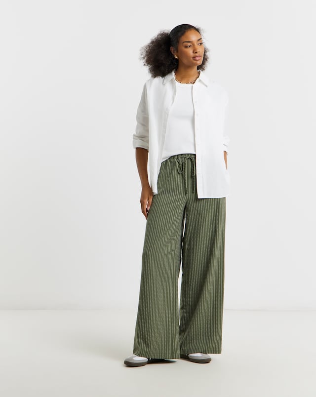 Simply Be Khaki Pinstripe Tie Waist Adjustable Wide Leg Trouser