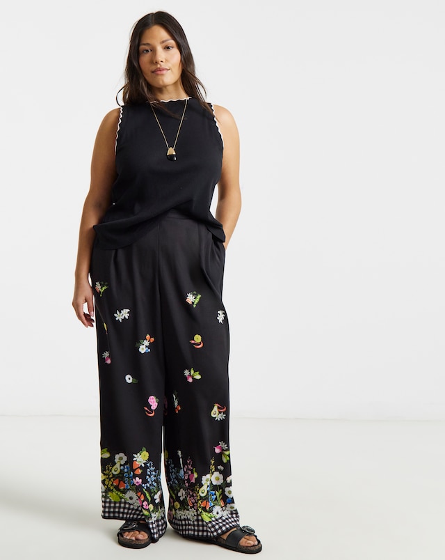 Simply Be Gingham Floral Print Wide Leg Trouser