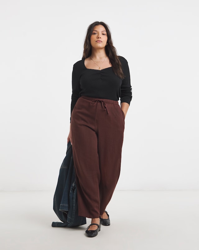 Simply Be Chocolate Tie Waist Linen Barrel Trousers