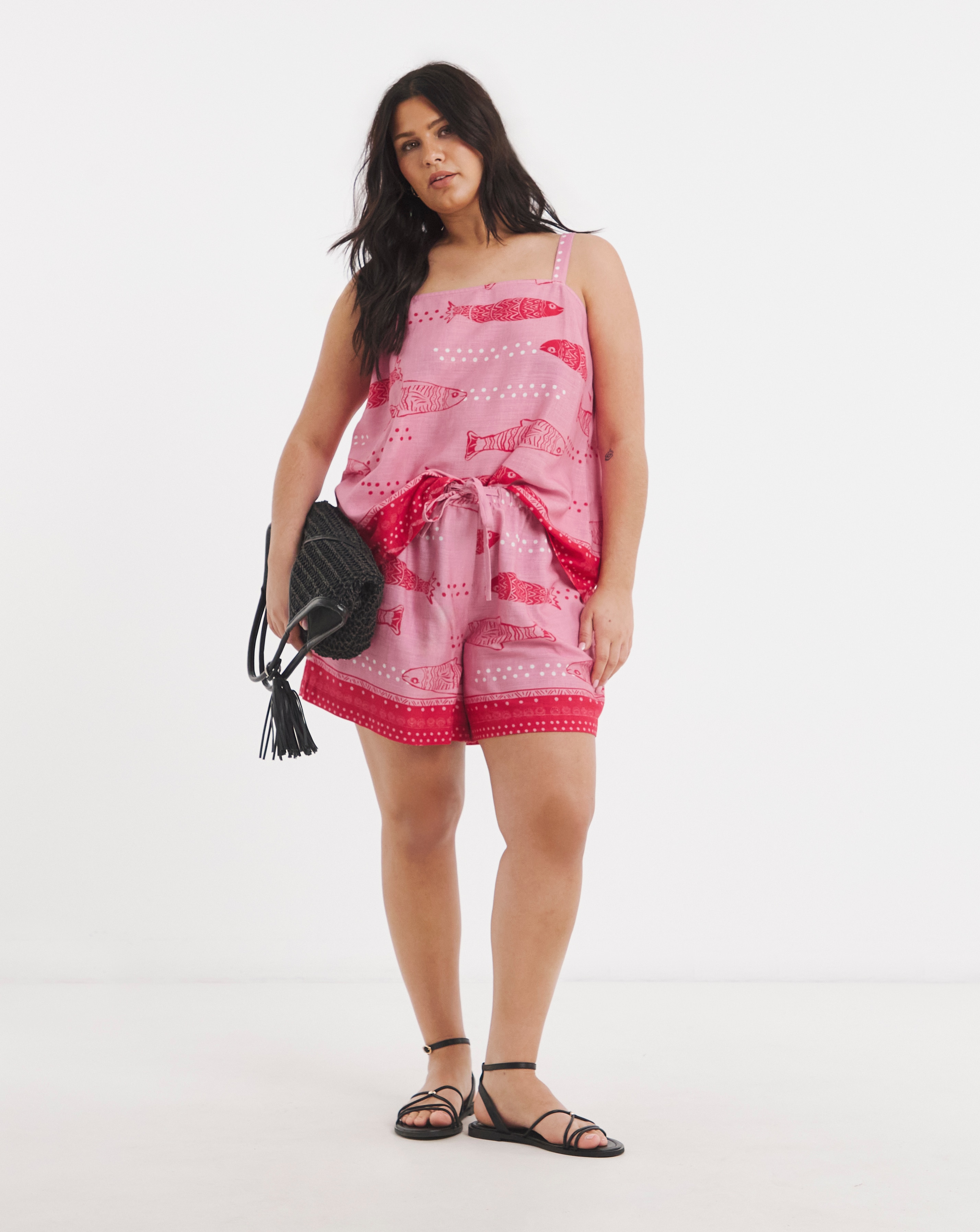 New In - Pink Sardine Print Linen Shorts