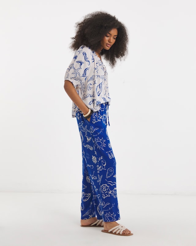 Simply Be Blue Shell Print Wide Leg Crinkle Trouser