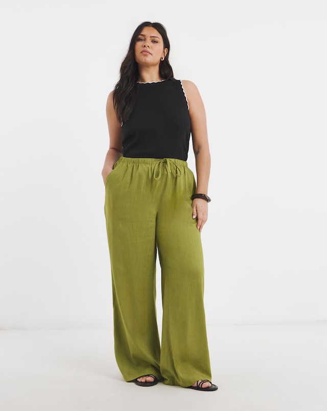 Olive Wide Leg Linen Trousers