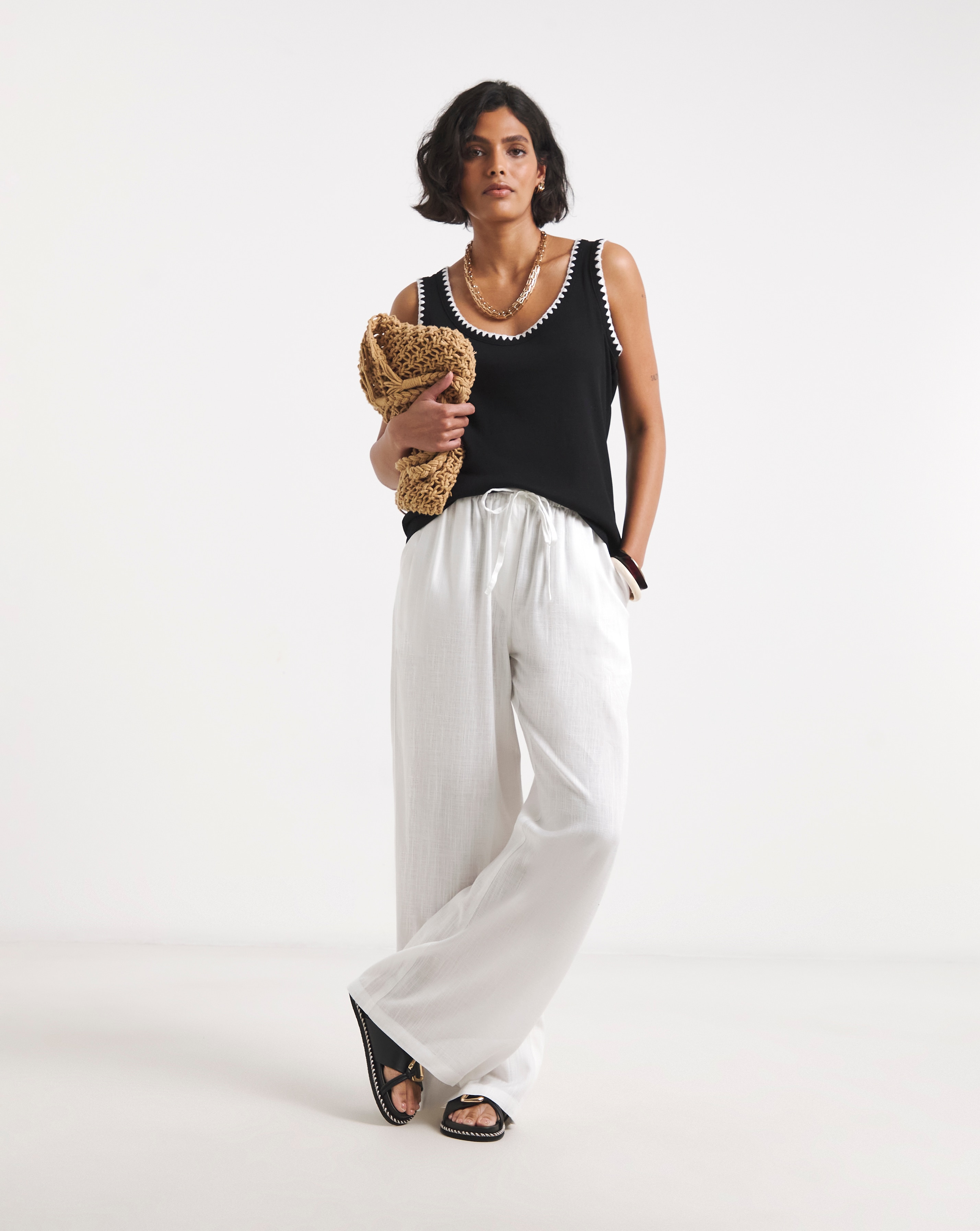 New In - White Tie Waist Linen Wide Leg Trouser