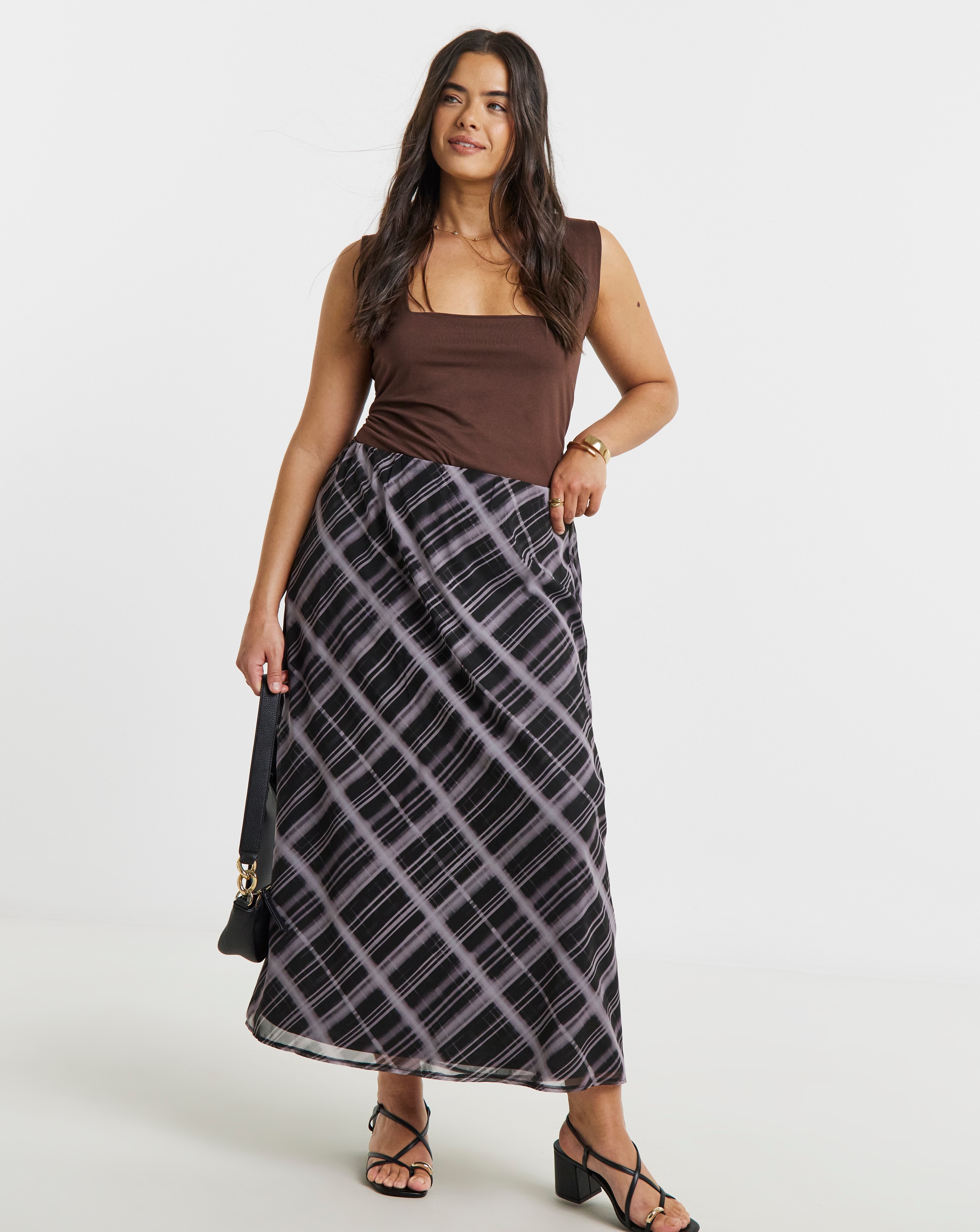 New In - Simply Be Mono Check Chiffon Skirt