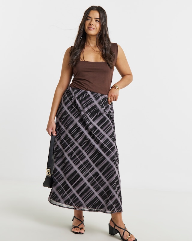 Mono Check Print Chiffon Midaxi Skirt