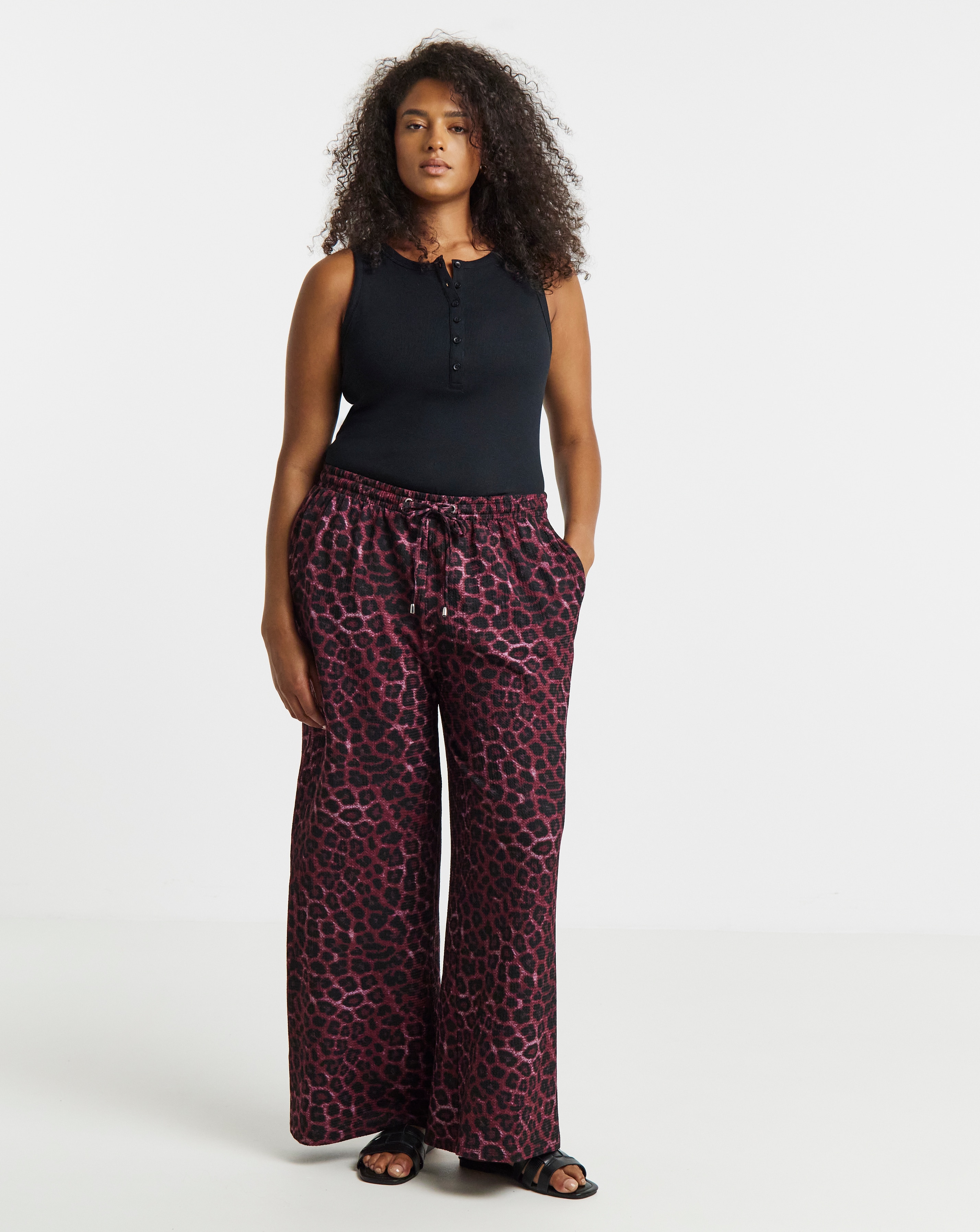 Simply Be Burgundy Leopard Textured Waffle Wide Leg Trouser