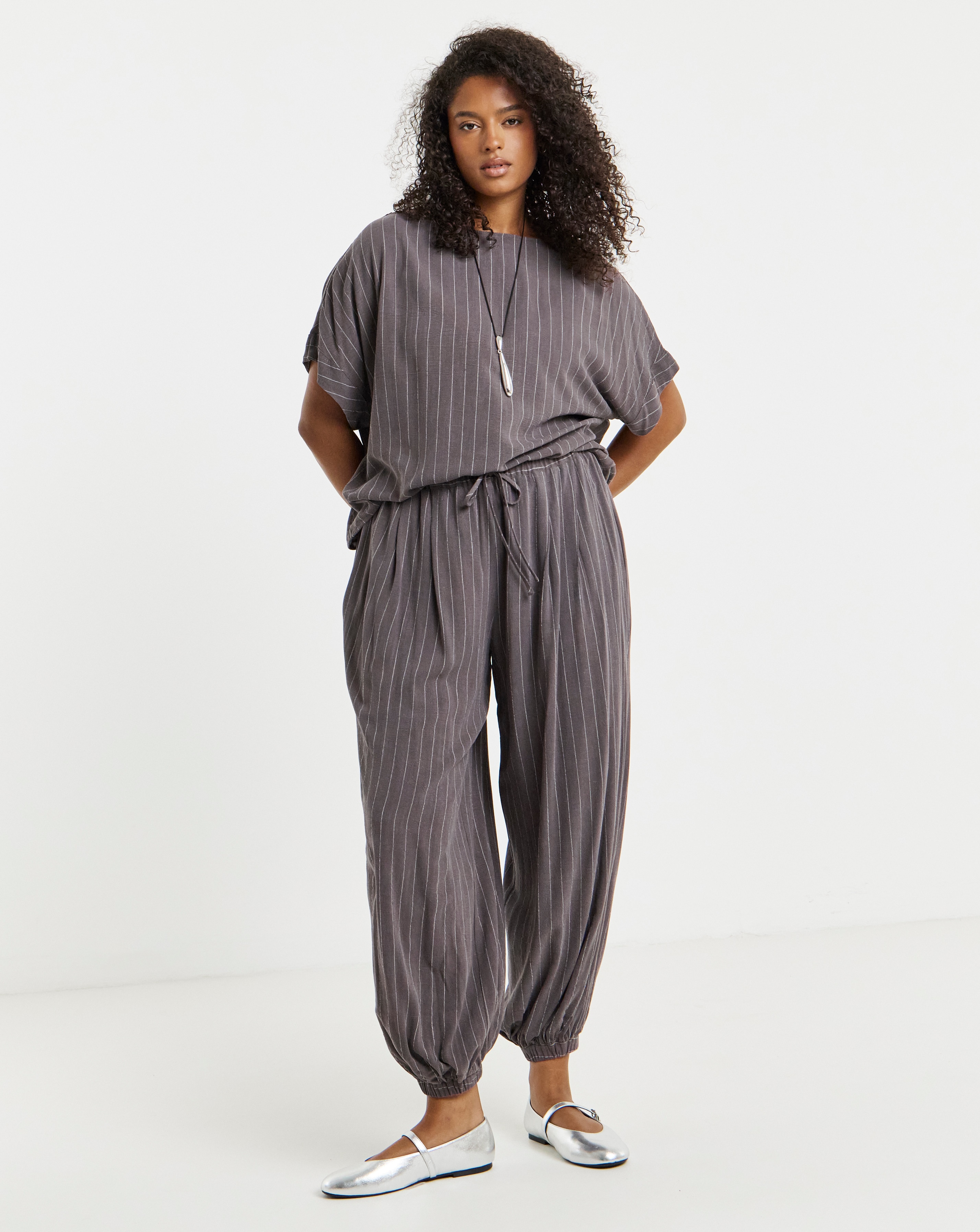 New In - Pinstripe Tie Waist Balloon Trouser