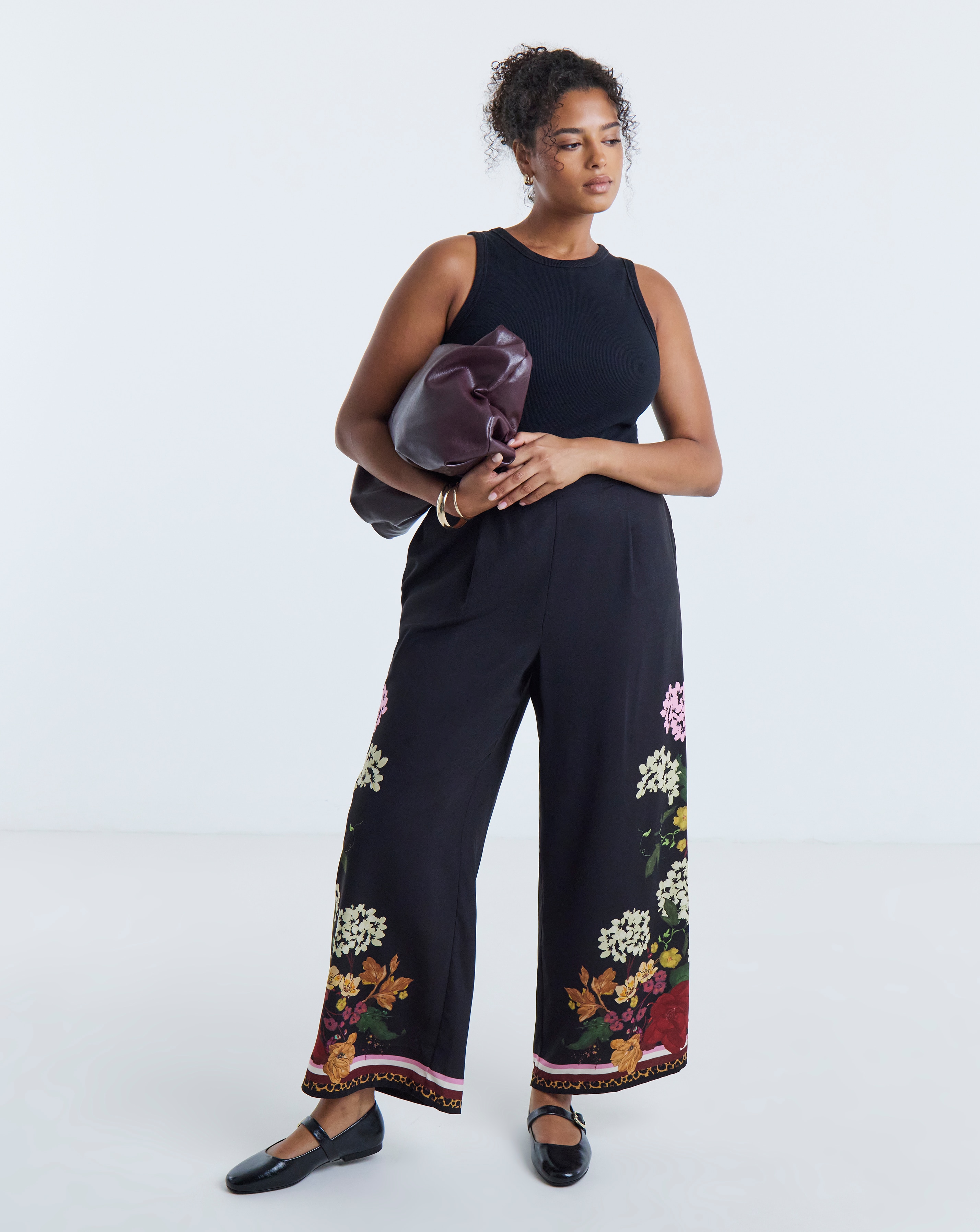 Simply Be Black Floral Wide Leg Co-ord Trouser