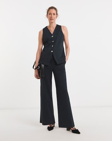 Navy Pinstripe Ponte Pleated Wide Leg Trouser