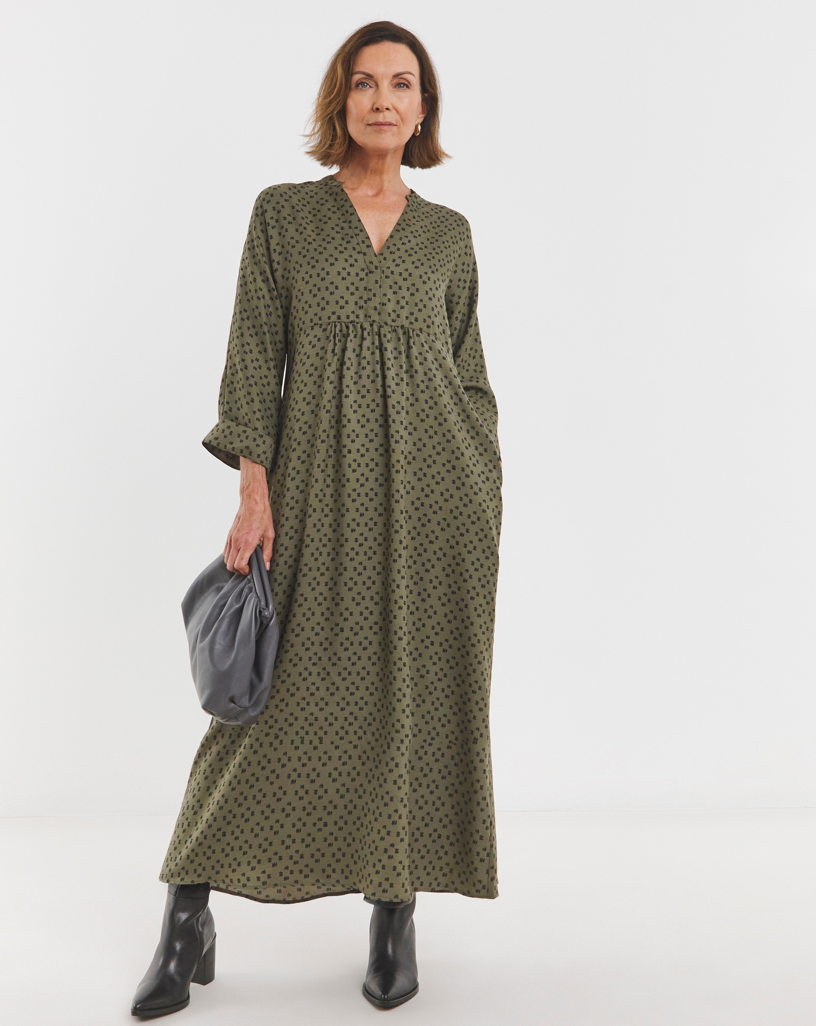 Collarless Placket Detail Smock Dress