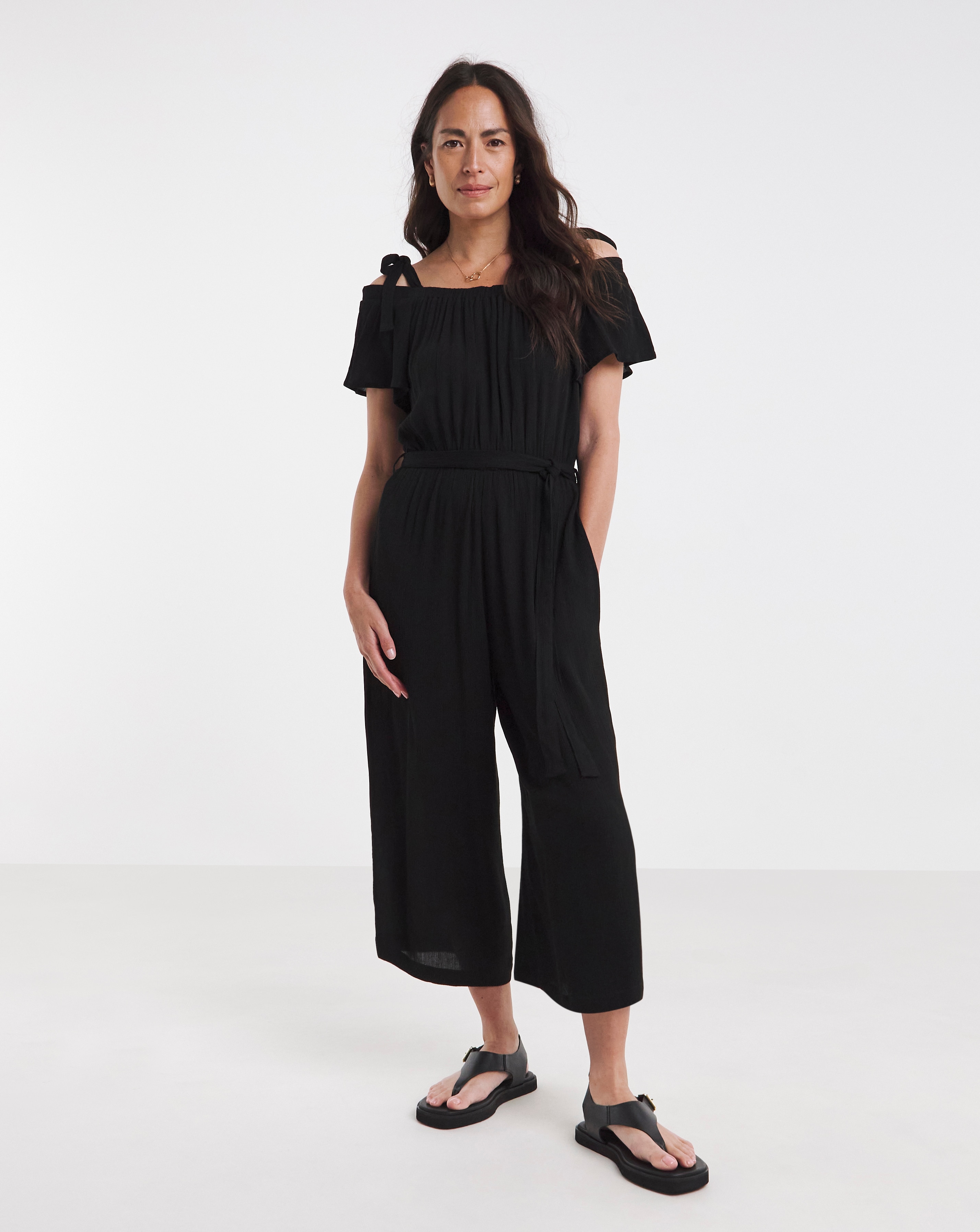 Textured Crinkle Tie Strap Jumpsuit
