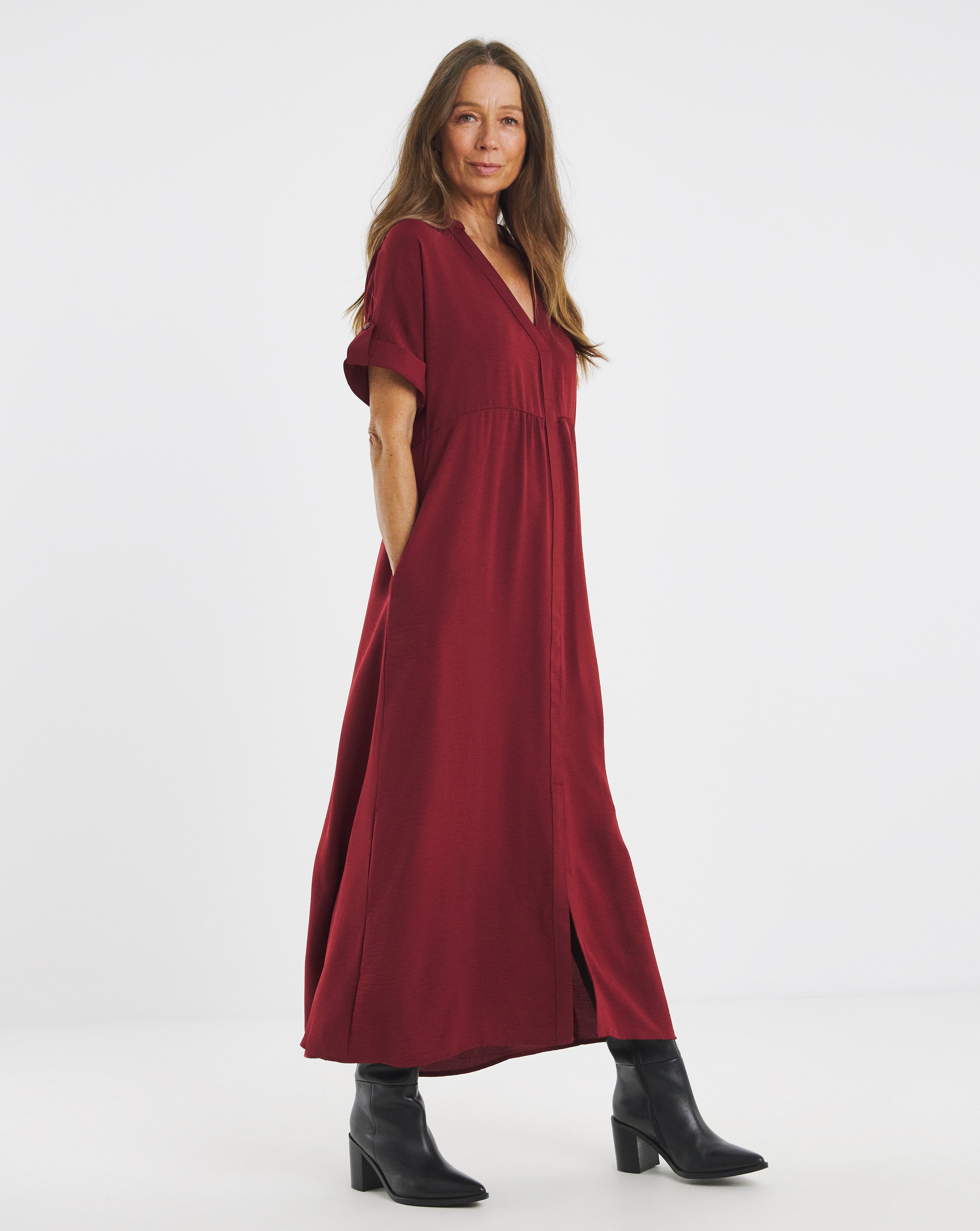 Collarless Placket Detail Smock Dress