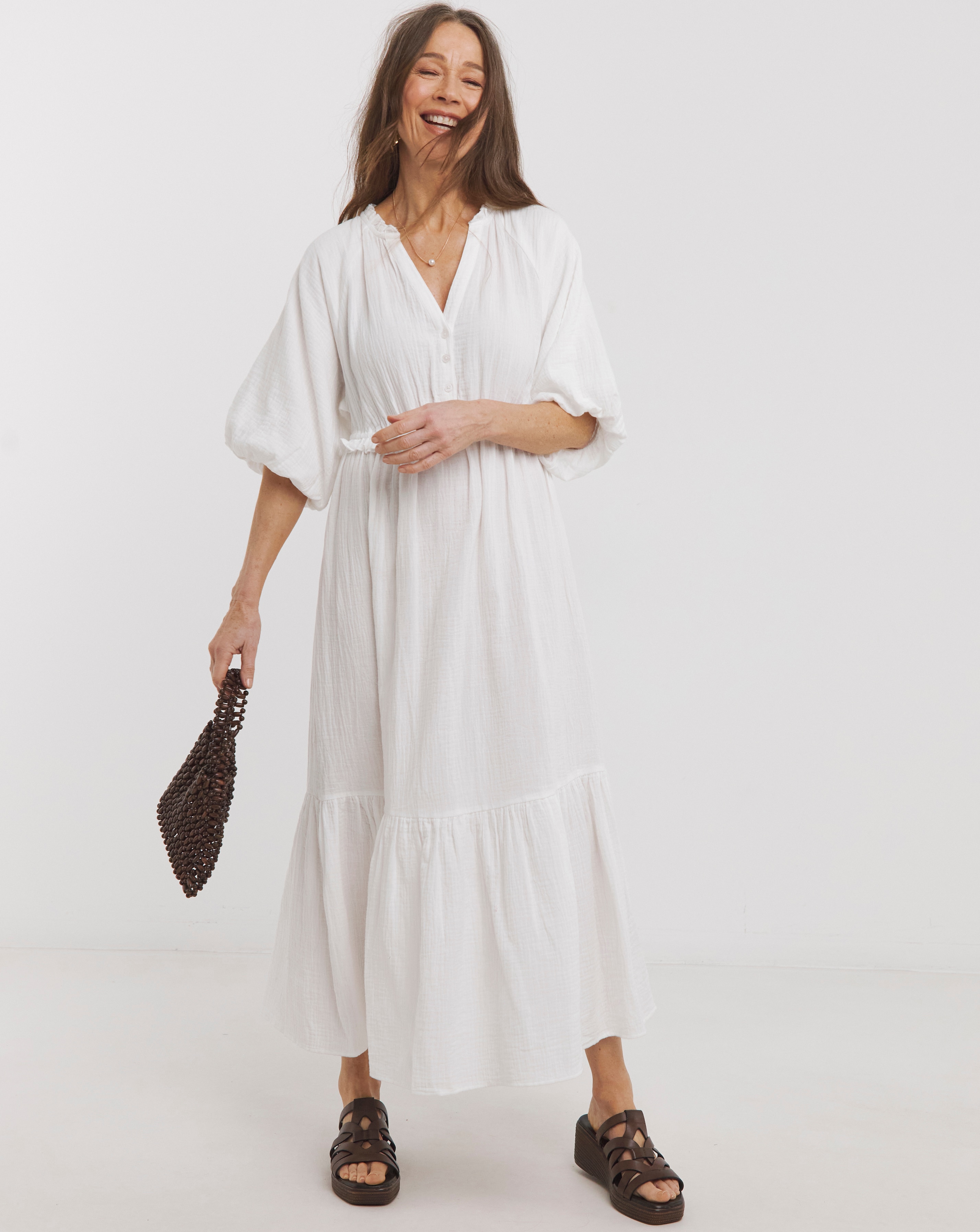 Pure Cotton Textured Bubble Sleeve Dress