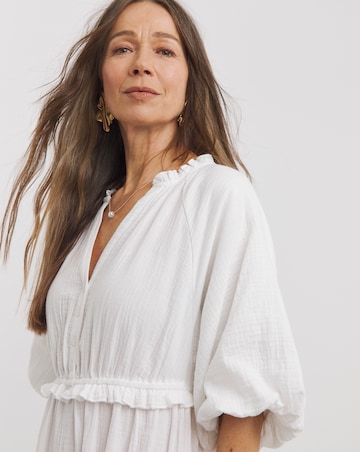 Pure Cotton Textured Bubble Sleeve Dress